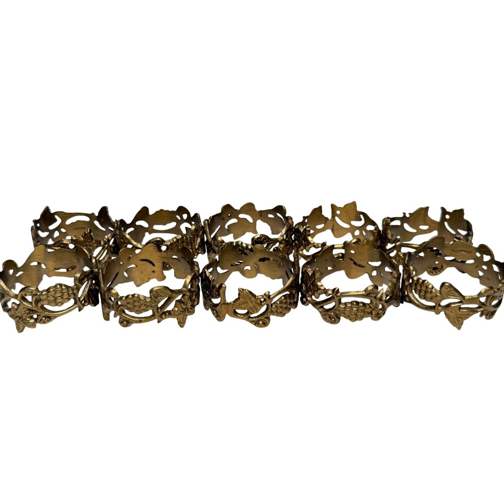 Vintage Brass Grapevine Napkin Rings Set 10 Gold Holiday Table Decor Mid Century
